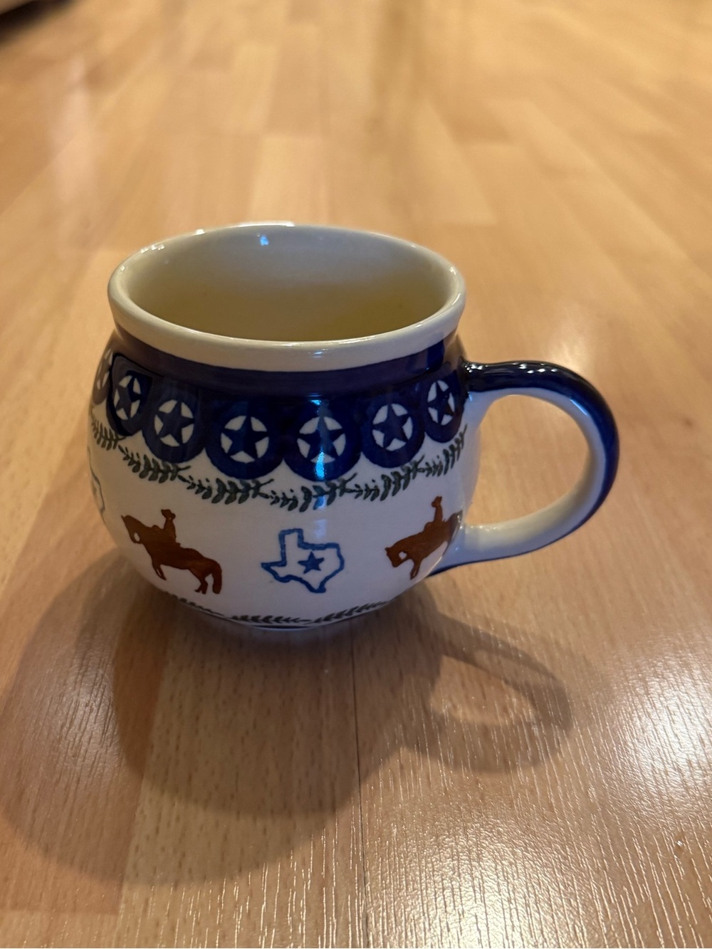 Hand-Painted Ceramic Texas Western Mug in Blue and Cream polish pottery
